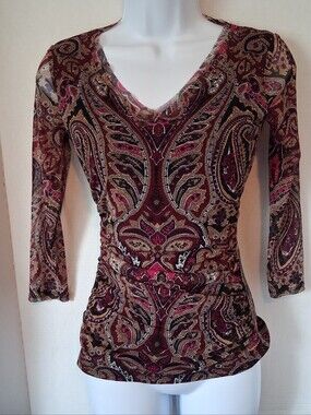 Sexy INC International Concepts Burgundy Paisley V-Neck Long Sleeve Pullover Top